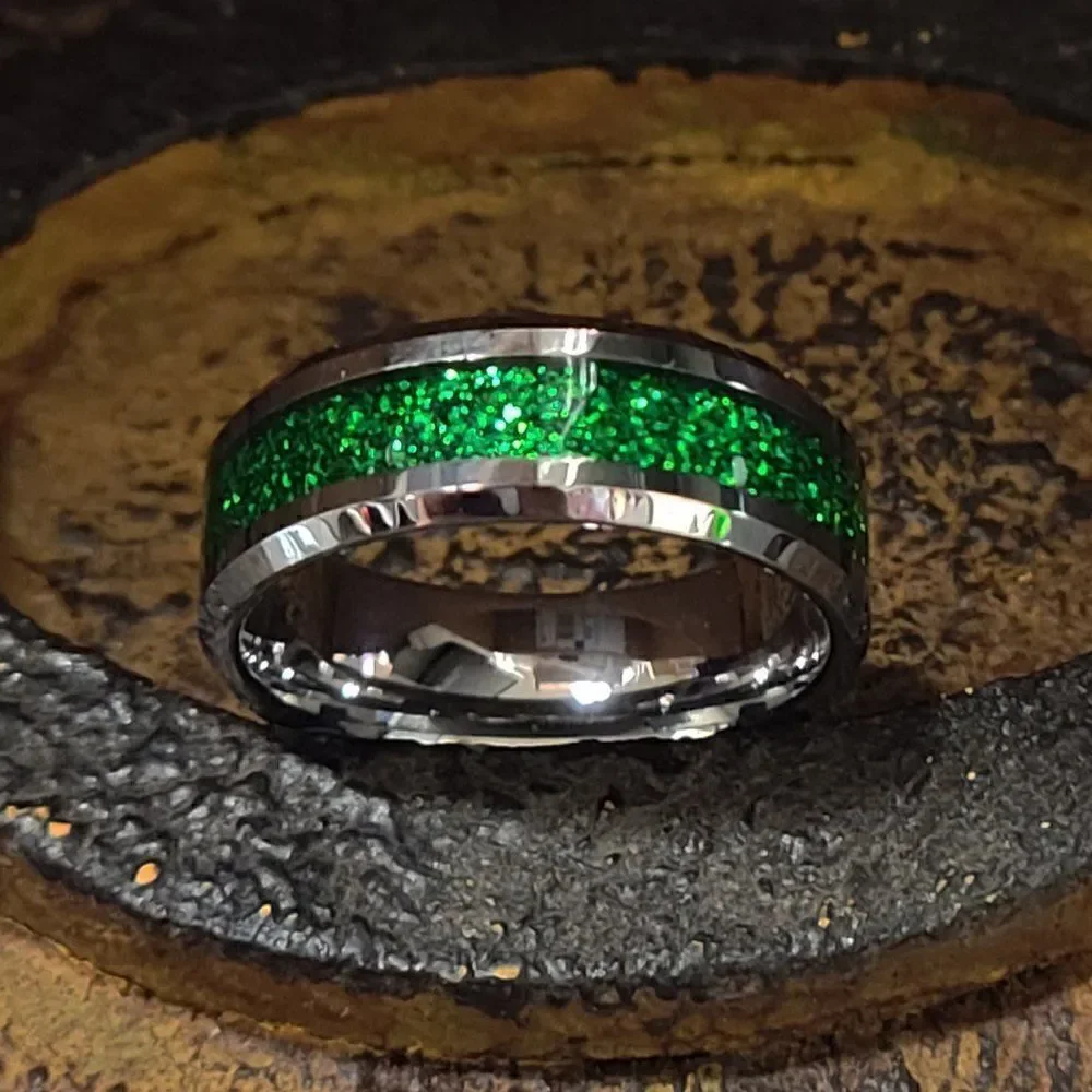 Personalized Men's Green Emerald Galaxy Tungsten Promise Ring  or Wedding Ring